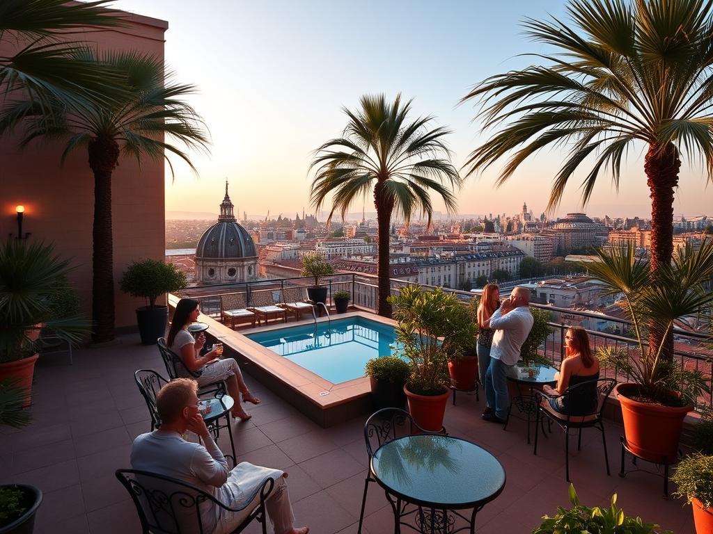 A lush rooftop oasis at Hotel1898, Barcelona's historic colonial-era landmark. Sweeping views of the iconic La Rambla promenade and Gothic Quarter skyline, bathed in warm evening light. Elegant wrought-iron furniture, lush potted palms, and a tranquil pool reflect the hotel's timeless elegance. Guests sip cocktails and bask in the Mediterranean breeze, immersed in the city's storied past. A serene respite from the bustling streets below, this rooftop terrace embodies the refined luxury and colonial-inspired ambiance of Hotel1898.