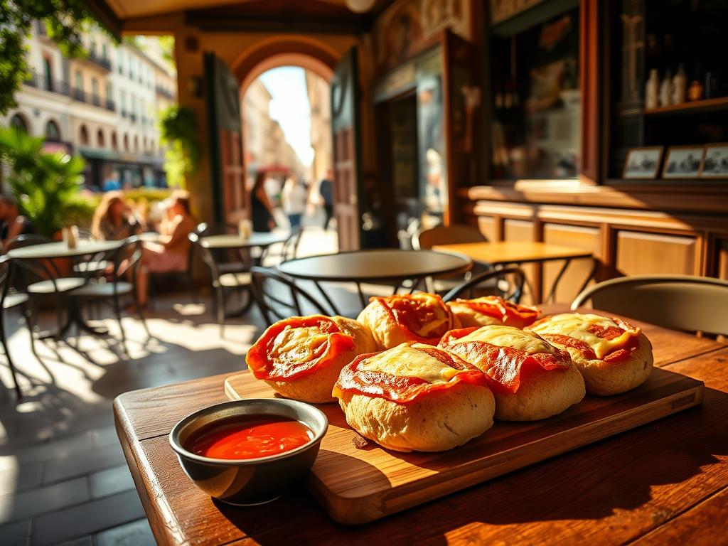 A lush, sun-drenched Andalusian café scene. In the foreground, a wooden table with a platter of freshly baked mollete - soft, crusty rolls, topped with jamón serrano, melted manchego cheese, and drizzled with olive oil. Beside it, a small bowl of rich tomato sauce for dipping. In the middle ground, the café's tiled floors and wrought-iron furniture, casting long shadows. Through the open doorway, a glimpse of a bustling street - people strolling, sipping coffee, and enjoying the morning. Warm, diffused lighting bathes the scene, creating a cozy, inviting atmosphere. The overall mood is one of leisurely Mediterranean indulgence.