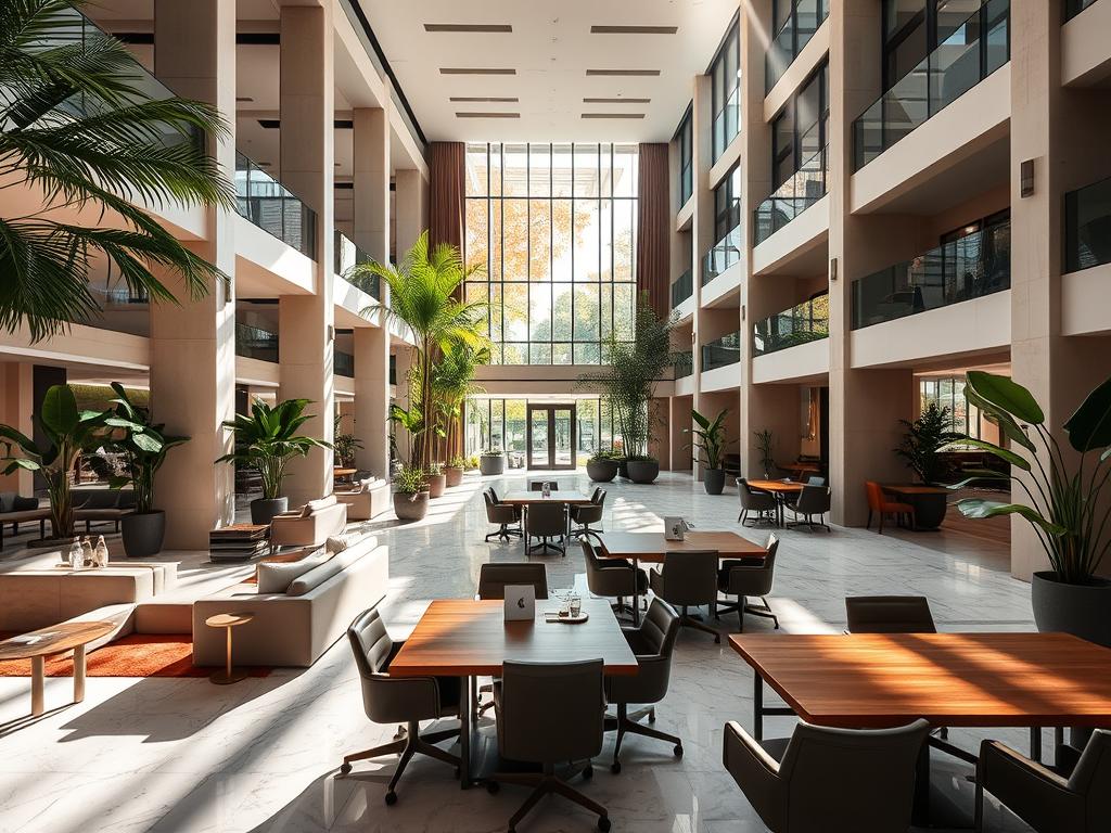 A luxurious Barcelona hotel with a modern, airy coworking space. The lobby features high ceilings, sleek marble floors, and lush greenery. Sunlight streams through large windows, casting a warm glow over the open-concept design. Stylish lounge areas with plush seating invite guests to relax and collaborate. In the coworking zone, wooden desks and ergonomic chairs are arranged in an efficient layout, complemented by ample charging stations and high-speed internet. The overall aesthetic blends contemporary Spanish flair with upscale, business-friendly amenities for the discerning digital nomad.