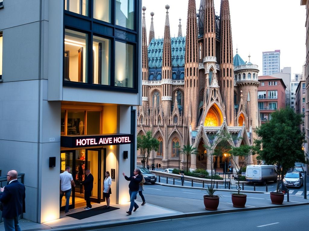 A modern, affordable hotel exterior nestled near the iconic Sagrada Familia cathedral. The building has a sleek, contemporary design with clean lines and warm lighting that creates an inviting atmosphere. The foreground showcases the hotel's entrance, with guests arriving and staff greeting them. The middle ground features the stunning Gaudi-designed basilica in the distance, its intricate spires and façade visible. The background blends the urban cityscape of Barcelona, hinting at the vibrant culture and attractions surrounding the hotel. The overall scene conveys a sense of accessibility, comfort, and proximity to a renowned landmark, capturing the essence of budget-friendly accommodation near a top destination.