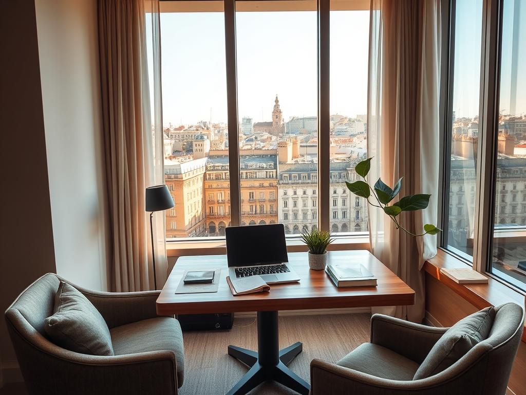 A modern, airy long-stay hotel in central Barcelona, with a cozy remote working space by the window. Warm, natural lighting filters through large windows, casting a soft glow on a sleek, minimalist desk setup. A laptop, notebook, and a potted plant sit atop the wooden surface, surrounded by comfortable armchairs and subtle decor. In the background, the vibrant cityscape of Barcelona's iconic architecture is visible, hinting at the dynamic urban environment just outside. The scene exudes a sense of productivity, comfort, and inspiration - an ideal setting for a digital nomad seeking an extended, productive stay.