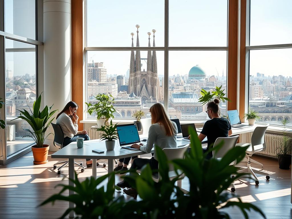 A modern and stylish hotel in Barcelona, showcasing a bright and airy co-working space. The foreground features a group of digital nomads collaborating at sleek, minimalist desks, surrounded by potted plants and natural light flooding in through large windows. The middle ground highlights the hotel's minimalist, Scandinavian-inspired interior design, with clean lines, warm wood tones, and pops of greenery. In the background, glimpses of the iconic Barcelona skyline, including the distinctive spires of the Sagrada Familia, create a picturesque urban setting. The overall atmosphere evokes a sense of productivity, creativity, and the cosmopolitan energy of Barcelona.