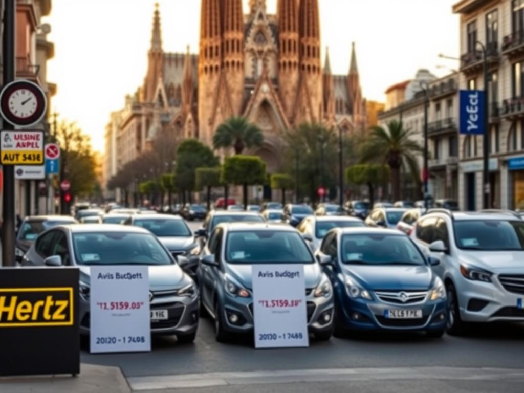 A modern city street in Barcelona, Spain, with a foreground featuring several car rental company logos, including Hertz, Avis, and Budget. In the middle ground, various makes and models of cars are displayed, each with their rental prices and daily mileage allowances clearly visible. The background showcases the iconic architecture of Barcelona, with the Sagrada Familia basilica prominently in the distance, bathed in warm, golden afternoon sunlight. The overall scene conveys a sense of convenience, affordability, and the excitement of exploring the city by car.