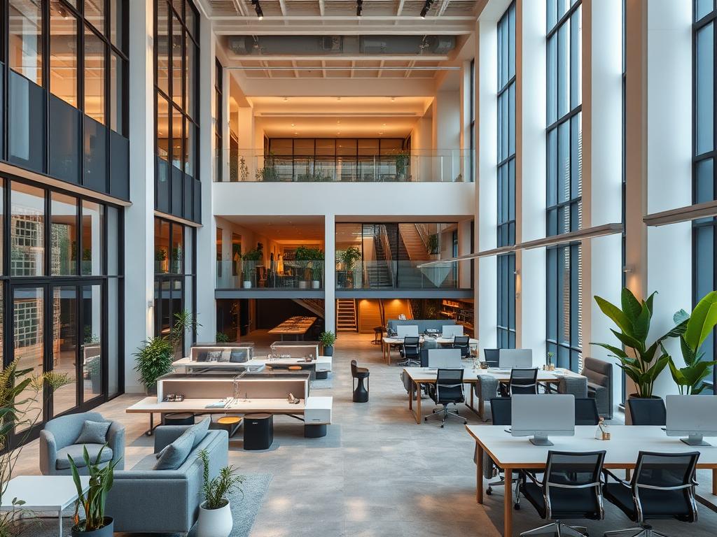 A modern, mid-range coworking hotel in Barcelona's vibrant urban landscape. The facade features clean lines, large windows, and a contemporary architectural style that blends seamlessly with the surrounding cityscape. Inside, the lobby showcases a minimalist, yet inviting design with ample seating areas and high ceilings, creating an airy and productive atmosphere. The coworking space is filled with ergonomic desks, comfortable chairs, and ample natural light, promoting focused work and collaboration. Potted plants and warm lighting add a touch of tranquility, while the overall aesthetic exudes a sense of professionalism and sophistication befitting the digital nomad lifestyle.