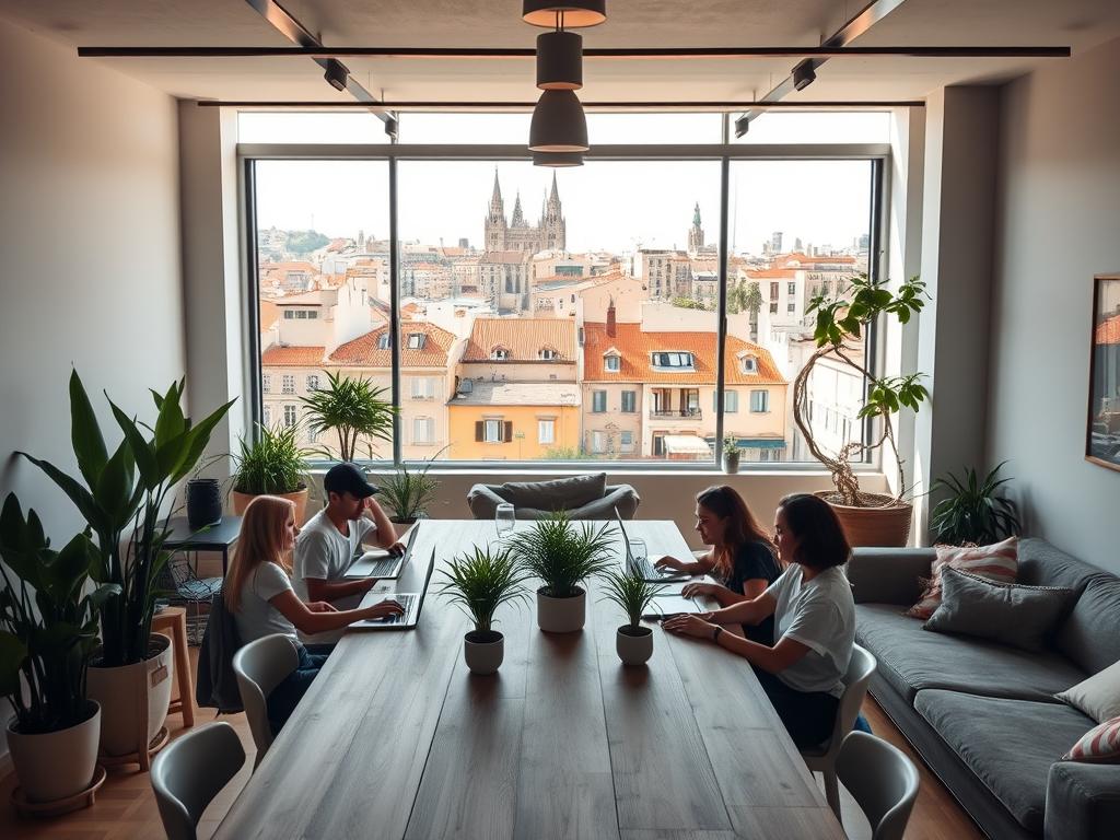 A modern, minimalist coliving space in the heart of vibrant Barcelona. The foreground features a group of digital nomads collaborating at a long wooden table, surrounded by lush indoor plants and sleek, Scandinavian-inspired furniture. The middle ground showcases a cozy lounge area with plush sofas and a large window overlooking the bustling city streets. The background reveals the iconic architecture of Barcelona, with sun-drenched terracotta rooftops and towering spires in the distance. The scene is bathed in warm, natural lighting, creating a serene and productive atmosphere perfect for the integrated work and life experience of digital nomads.