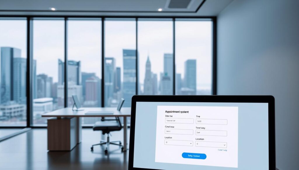 A modern, minimalist web interface for an online appointment booking system, with a clean and intuitive layout. In the foreground, a desktop computer screen displays a simple, user-friendly booking form, with fields for selecting a date, time, and location. The middle ground features sleek, contemporary office furniture, including a desk and chair, set against a backdrop of floor-to-ceiling windows that let in natural light and offer a glimpse of a vibrant city skyline. The overall mood is one of efficiency, professionalism, and technological sophistication, conveying the ease and convenience of booking an NIE appointment online.