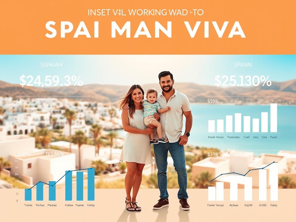 A modern, minimalistic digital nomad visa infographic set against a warm, sun-drenched Spanish landscape. In the foreground, a family of three - a mother, father, and child - stand confidently, their financial data displayed in clean, informative graphs and charts. The middle ground features a tranquil Mediterranean coastal town, white-washed buildings and palm trees framing the scene. In the background, rolling hills and a vibrant blue sky, suggesting the idyllic lifestyle and natural beauty of Spain. The lighting is soft and diffused, creating a sense of serenity and prosperity. The overall mood is one of aspirational, achievable financial security for remote working families seeking the Spain digital nomad visa.