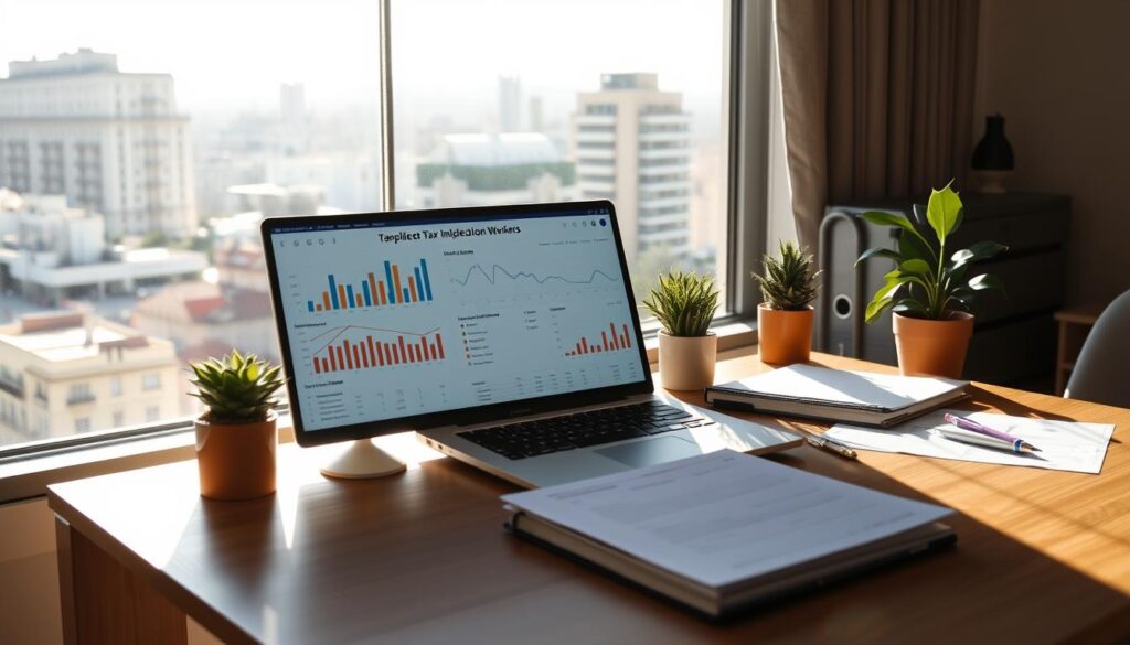 A modern office space with a large window overlooking the cityscape of Madrid. Sunlight streams in, casting a warm glow on the wooden desk and minimalist decor. On the desk, a laptop displays tax calculation software, with charts and graphs visualizing the complex tax implications for remote workers in Spain. A well-organized filing system and a few potted plants add a sense of professionalism and productivity to the scene. The overall atmosphere conveys a sense of diligence and attention to detail required when navigating the tax landscape as a remote worker.