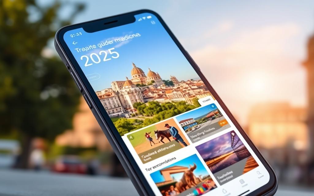A modern, stylish travel guide app displayed on a sleek, high-resolution smartphone screen. In the foreground, the app's intuitive user interface showcases vibrant, curated recommendations for top cultural attractions and sightseeing spots across Spain in 2025. The middle ground features a scenic Spanish cityscape, with iconic architecture, lush greenery, and a warm, golden-hour lighting. The background subtly hints at the app's advanced features, such as augmented reality navigation, language translation, and seamless trip planning. The overall composition conveys a sense of exploration, discovery, and the future of travel in Spain.