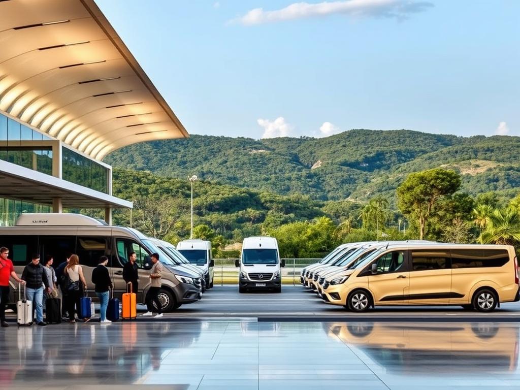 A modern, well-lit airport terminal with sleek architectural design. In the foreground, a group of travelers with luggage waiting to board a shuttle bus. In the middle ground, a fleet of stylish, eco-friendly transfer vehicles lined up, ready to transport passengers. The background showcases the lush, verdant landscapes of Mallorca, hinting at the natural beauty awaiting visitors. The scene conveys an efficient, seamless, and picturesque airport transfer experience, setting the stage for an unforgettable Mallorca adventure.