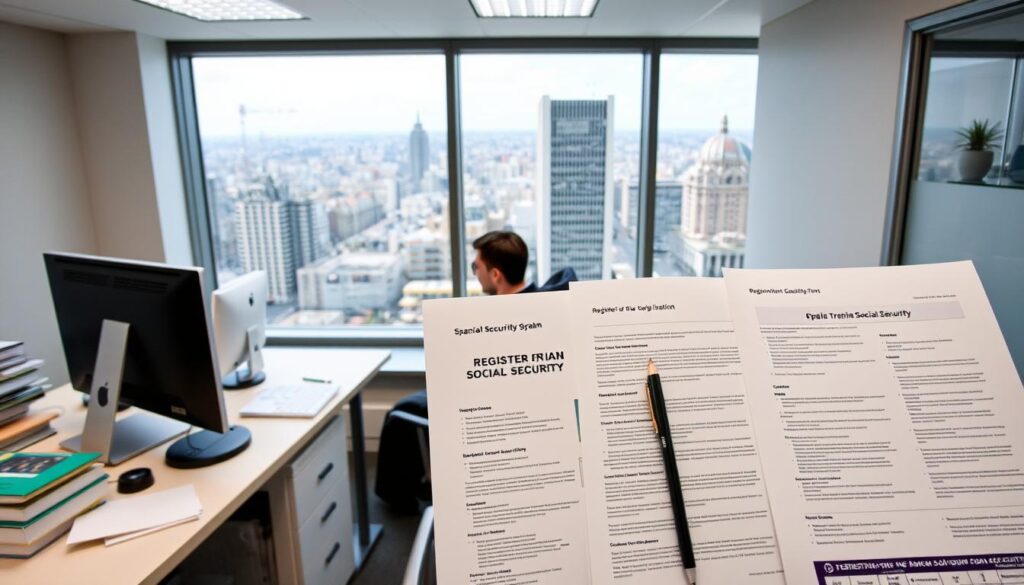 A modern, well-lit office interior with a desk, computer, and various office supplies. In the foreground, a person is seated at the desk, seemingly engaged in the process of registering for the Spanish social security system. The middle ground showcases informative documents and forms related to the registration process, while the background features a large window providing a view of a bustling city skyline, conveying a sense of professional efficiency and urban dynamism. The overall atmosphere is one of organization, productivity, and attention to detail, reflecting the importance of the social security registration process for foreigners working in Spain.