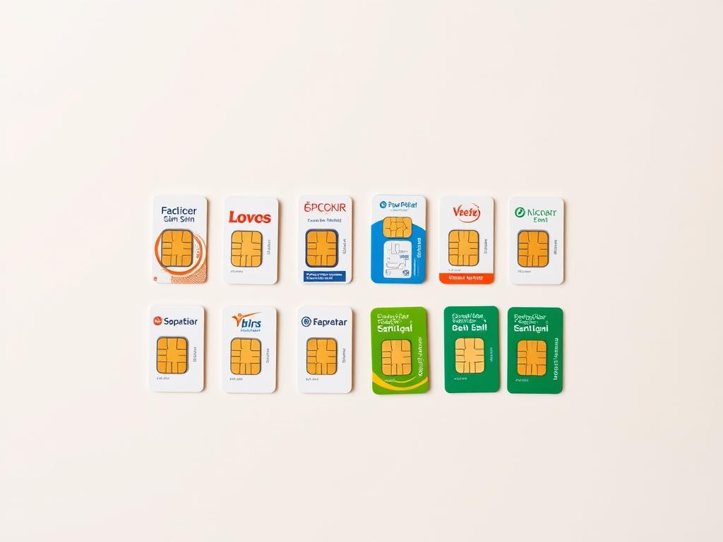A neatly arranged display of traditional Spanish SIM card options, showcased on a neutral, minimalist background. The SIMs are presented against a softly lit, evenly illuminated surface, with a subtle shadow detail to provide depth and dimension. The cards are visible from a straight-on, frontal angle, allowing for a clear, unobstructed view of their design and branding. The overall mood is one of simplicity, clarity, and focus on the key elements - the diverse SIM card offerings available to consumers in Spain.