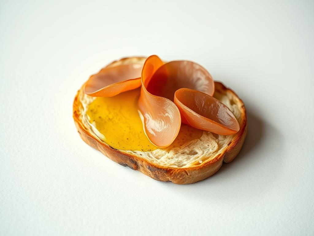 A neatly arranged tostada, its crisp surface glistening with golden olive oil and adorned with thin slices of savory Serrano ham. The delicate interplay of textures and flavors creates a simple yet captivating breakfast scene, set against a minimalist backdrop. Soft, diffused lighting casts a warm, inviting glow, drawing the viewer's attention to the alluring simplicity of this classic Spanish dish. The tostada is positioned at a slight angle, allowing the viewer to appreciate the depth and layers of the composition. An understated elegance pervades the scene, showcasing the timeless appeal of this quintessential Spanish breakfast delight.