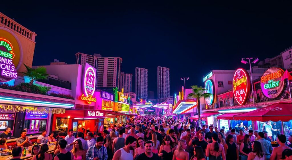 A neon-soaked nightscape in Benidorm, Spain. The bustling streets are lined with vibrant bars, clubs, and restaurants, their pulsing music and laughter spilling out onto the pavement. Throngs of people, dressed in their most eye-catching attire, move through the scene, their faces aglow with the colorful lights overhead. In the background, the iconic high-rise hotels and apartment buildings of Benidorm's skyline rise up, silhouetted against a deep indigo sky. The atmosphere is electric, a perfect blend of Mediterranean charm and hedonistic revelry. A wide-angle lens captures the energy and excitement of Benidorm's legendary nightlife in all its glory.
