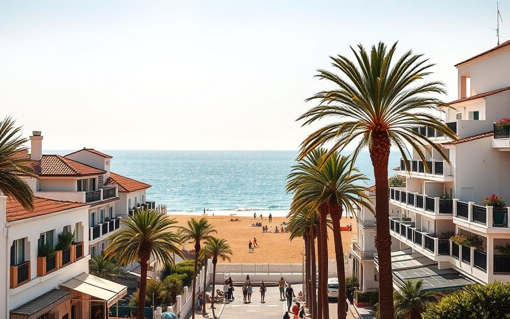 A picturesque beachfront promenade in Los Boliches, Málaga, lined with charming hotels and resorts. In the foreground, white-washed buildings with red-tiled roofs stand in neat rows, their balconies adorned with lush greenery. Palm trees sway gently in the warm breeze, casting soft shadows on the bustling sidewalk below. In the middle ground, the golden sand of the beach stretches out, dotted with sunbathers and beachgoers enjoying the Mediterranean sun. In the distance, the azure waters of the sea sparkle under a clear, cloudless sky, creating a serene and tranquil atmosphere. The scene is bathed in a warm, golden light, capturing the idyllic coastal charm of this picturesque Spanish destination.