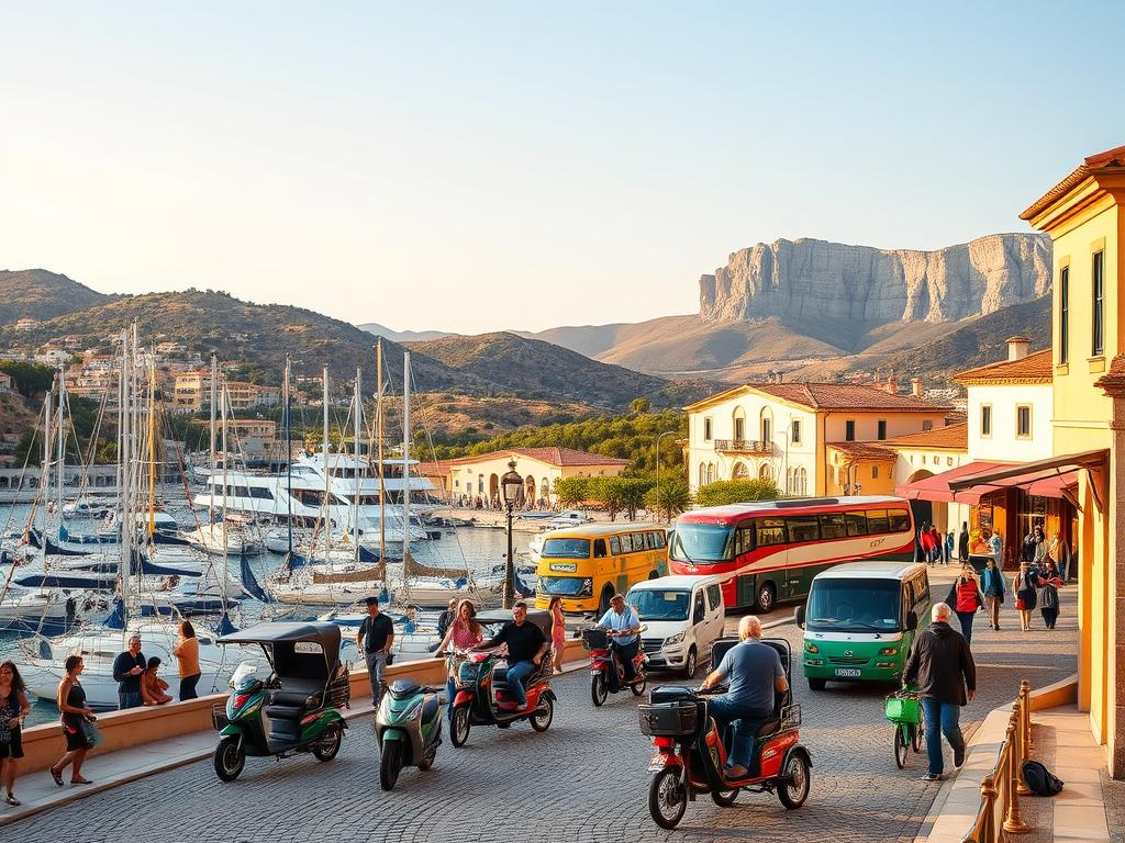 A picturesque coastal town in Mallorca, with a bustling harbor filled with sailboats, yachts, and small fishing vessels. In the foreground, a group of locals and tourists navigating the cobblestone streets, exploring various transportation options – electric scooters, bicycles, and tuk-tuks. In the middle ground, a historic bus station with classic vehicles, their bright colors contrasting against the Mediterranean architecture. In the background, rolling hills dotted with olive groves and vineyards, with the iconic limestone cliffs of the island's coastline visible in the distance. The scene is bathed in warm, golden light, creating a vibrant and inviting atmosphere that captures the essence of Mallorca's transportation landscape.