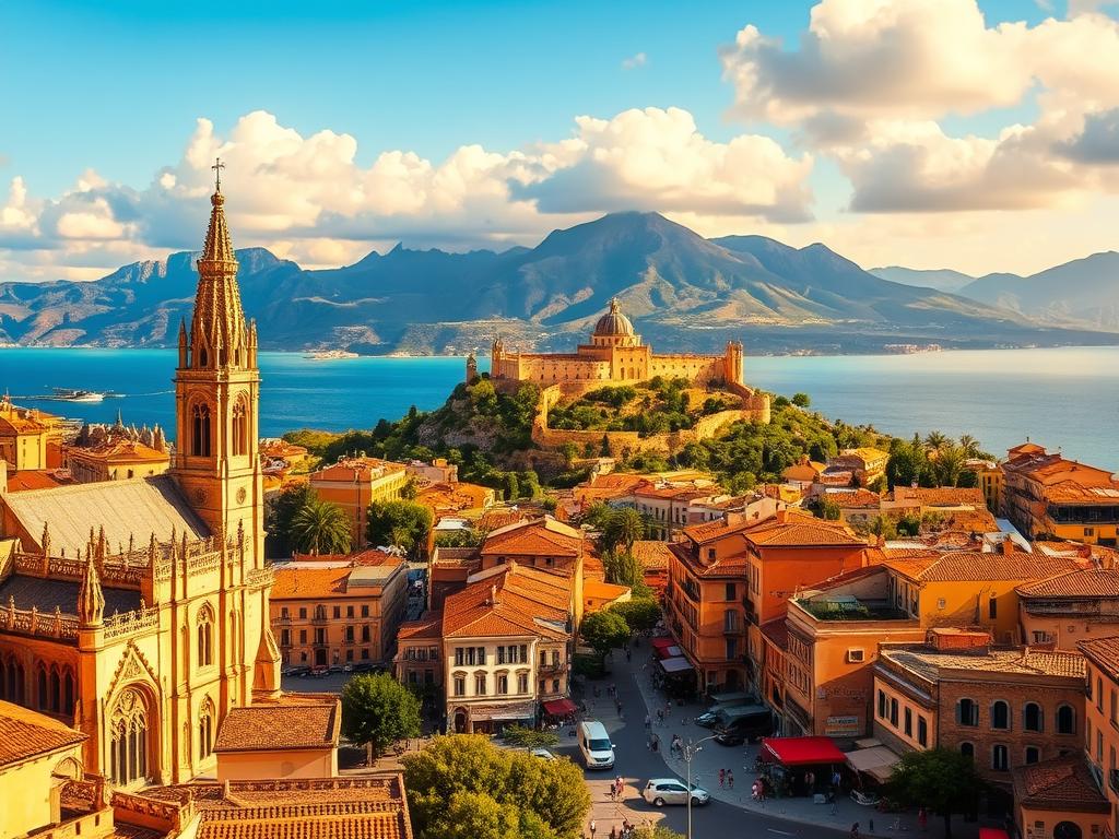 A picturesque scene of Mallorca's top tourist attractions, captured in a breathtaking panoramic view. In the foreground, the iconic Palma Cathedral stands tall, its intricate Gothic architecture bathed in warm, golden sunlight. Surrounding it, the charming Old Town streets are bustling with locals and visitors exploring the vibrant markets and quaint cafes. In the middle ground, the stunning Bellver Castle perches atop a hill, its imposing stone walls and turrets overlooking the sparkling azure waters of the Mediterranean Sea. In the background, the rugged, verdant Tramuntana Mountains rise majestically, their peaks touching the fluffy, white clouds above. The entire landscape is infused with a sense of timeless elegance and a welcoming, laidback atmosphere, perfectly capturing the essence of Mallorca's irresistible allure.