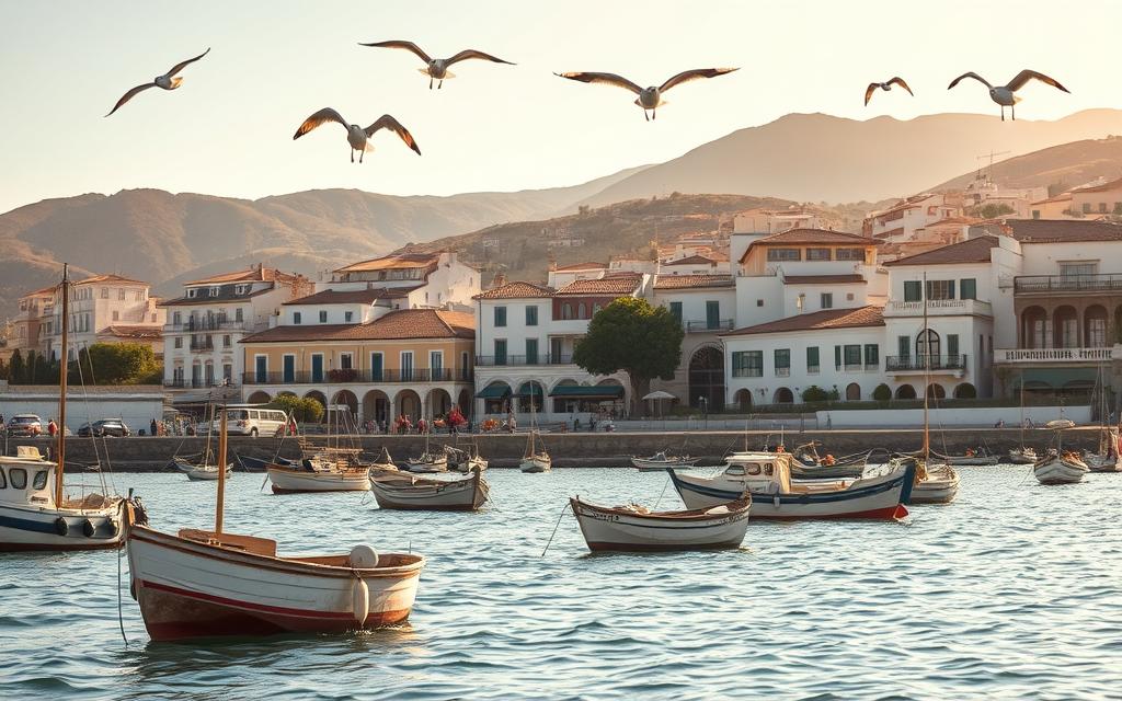 A picturesque seaside town nestled along the Málaga coastline, Los Boliches emerges from the mist of history. In the foreground, weathered fishing boats bob gently in the calm harbor waters, a testament to the village's maritime heritage. Overhead, seagulls soar gracefully, their cries echoing the rhythm of the waves. The middle ground reveals a quaint town square, flanked by whitewashed buildings with terracotta roofs, their balconies draped in vibrant bougainvillea. In the background, rolling hills dotted with olive groves rise up, framing the scene in a timeless Mediterranean landscape. Warm, golden sunlight filters through the air, casting a soft, nostalgic glow over the entire tableau, capturing the essence of Los Boliches' transformation from a humble fishing village to a thriving tourist destination.