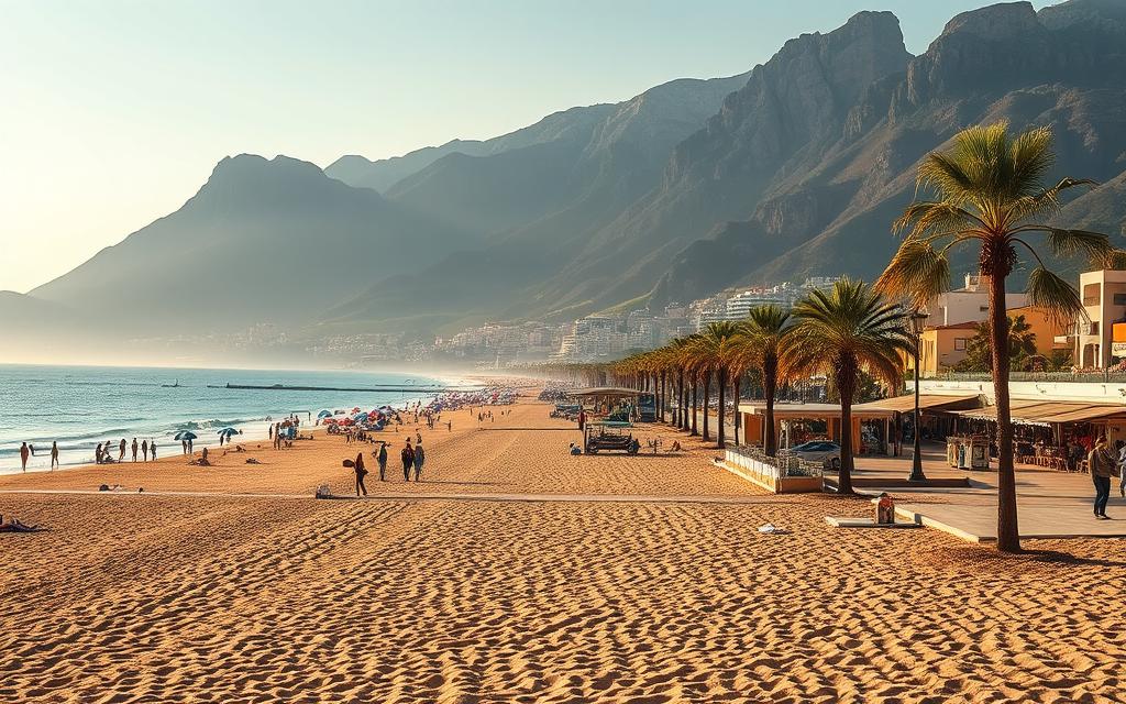 A picturesque seaside vista of Los Boliches Beach, Málaga. The foreground features sun-kissed golden sands dotted with colorful umbrellas and beachgoers enjoying the warm Mediterranean waters. In the middle ground, a promenade lined with palm trees and charming seaside cafes and restaurants. In the background, a dramatic mountainous landscape frames the scene, creating a stunning natural backdrop. The lighting is soft and warm, casting a golden glow over the entire tableau. Captured with a wide-angle lens to showcase the expansive, breathtaking scenery. An idyllic, serene atmosphere exuding the quintessential charm of a Spanish coastal town.
