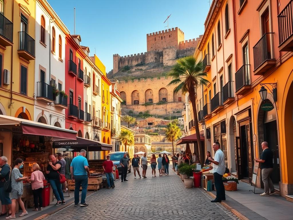 A picturesque street in Málaga's historic center, with colorful, sun-drenched buildings lining the cobblestone road. In the foreground, a group of locals and tourists browse open-air market stalls, haggling over fresh produce and handcrafted wares. The middle ground features a charming plaza, where a lively busker serenades passersby. In the background, the iconic Gibralfaro Castle and Alcazaba ruins stand tall, casting long shadows across the scene. The warm, golden light of the Mediterranean sun bathes the entire tableau, creating a vibrant, inviting atmosphere that captures the essence of Málaga's budget-friendly allure in 2025.