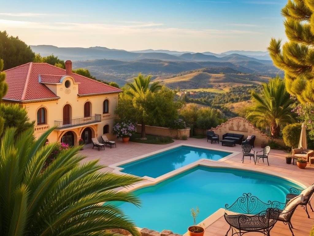 A picturesque villa nestled amidst lush Mediterranean foliage, its terracotta roof tiles glowing in the warm Balearic sunlight. The elegant façade is adorned with ornate balconies and arched windows, evoking the charming Mallorcan architectural style. In the foreground, a tranquil pool reflects the azure sky, surrounded by lush palm trees and fragrant blooms. The middle ground features a serene patio, its wrought-iron furniture inviting guests to relax and soak in the serene atmosphere. In the background, rolling hills dotted with olive groves and distant mountains create a stunning natural backdrop. The lighting is soft and diffused, casting a golden glow over the entire scene, conveying a sense of warmth and Mediterranean charm.