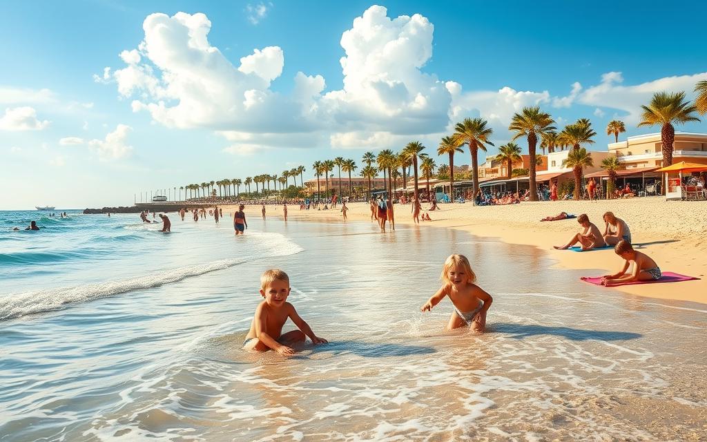 A pristine beach in Los Boliches, Málaga, under a clear blue sky with fluffy white clouds. In the foreground, children play in the shallow, gently lapping waves, their laughter and joy filling the air. In the middle ground, families relax on colorful beach towels, building sandcastles and munching on snacks. The background features a picturesque promenade lined with palm trees and beachside cafes, creating a welcoming, family-friendly atmosphere. The scene is illuminated by warm, golden sunlight, casting a soft, inviting glow over the entire landscape. A serene, tranquil setting perfect for a day of family fun and relaxation.