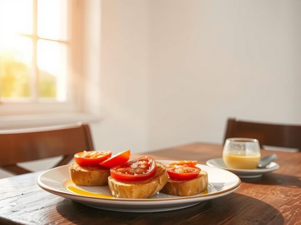 A rustic breakfast table set with a plate of pan con tomate, a classic Spanish dish featuring crisp toasted bread topped with ripe tomatoes, drizzled with fragrant olive oil and a sprinkle of sea salt. The scene is bathed in warm, natural light from a large window, casting a soft, golden glow over the scene. In the background, a simple white wall provides a clean, minimalist backdrop, allowing the vibrant colors and textures of the food to take center stage. The composition is balanced and inviting, capturing the simple yet sophisticated essence of this beloved Spanish breakfast staple.