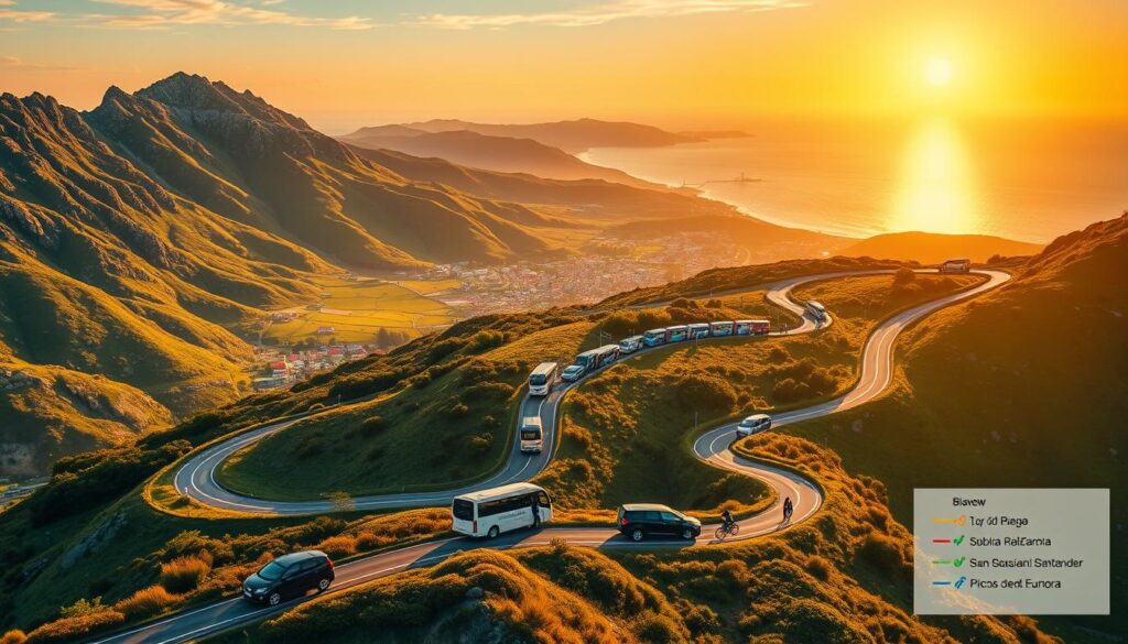 A scenic map of Northern Spain showcasing the top BlaBlaCar ride-sharing routes and destinations for 2025. Set against a warm, golden sunset, the landscape features the rugged Cantabrian Mountains, with winding roads weaving through lush green valleys and quaint seaside towns. In the foreground, various modes of transportation are depicted - sleek, modern BlaBlaCar vehicles carrying passengers, as well as local buses, trains, and bicycles, all seamlessly integrated into the vibrant, interconnected transportation network. The middle ground highlights key hubs and stops along the BlaBlaCar routes, such as the historic city of Bilbao, the picturesque coastal towns of San Sebastián and Santander, and the lush Picos de Europa National Park. In the distance, the shimmering waters of the Bay of Biscay frame the scene, creating a sense of adventure and exploration. The overall mood is one of efficiency, connectivity, and the joy of affordable, sustainable travel through Northern Spain's breathtaking landscapes.