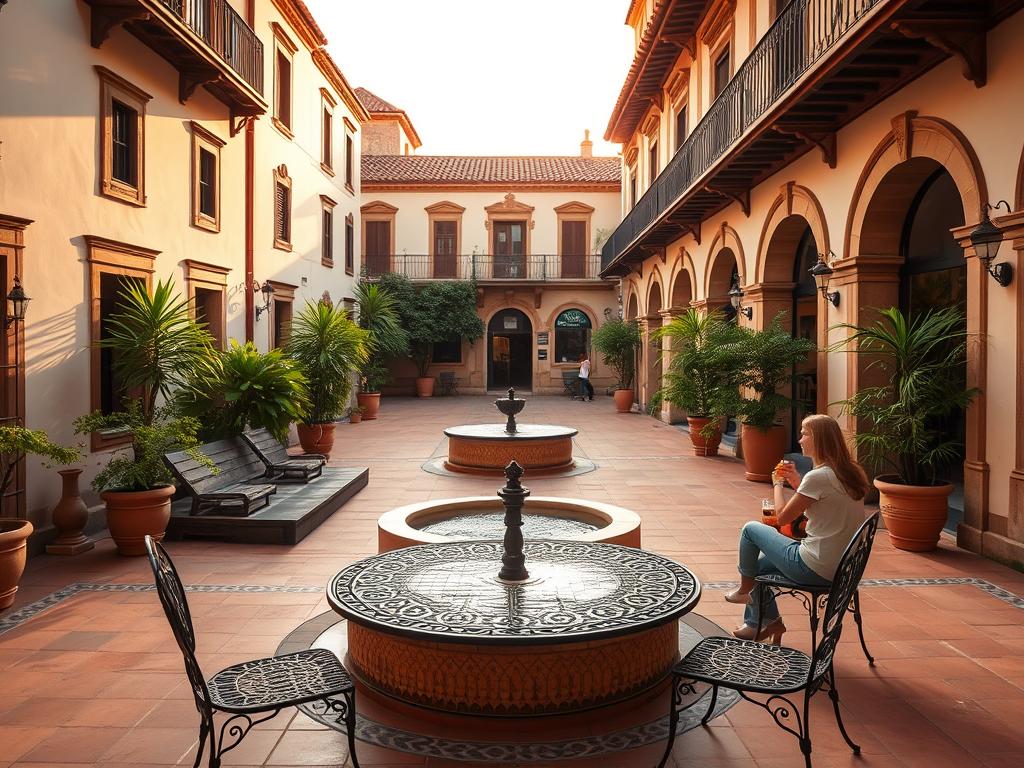 A serene courtyard scene of the Jerez Horse Fair's accommodation. In the foreground, a group of travelers gather around a wrought-iron table, sipping drinks and enjoying the warm evening breeze. The middle ground features a tiled fountain, its gentle splashing creating a soothing ambiance. Lush, verdant potted plants line the walls, casting soft shadows across the terracotta tiles. In the background, the ornate facades of traditional Andalusian-style buildings frame the scene, their intricate architectural details bathed in the golden glow of sunset. The overall atmosphere is one of tranquility and relaxation, inviting visitors to unwind after a day exploring the vibrant Horse Fair.
