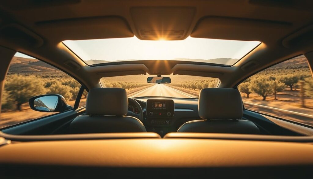 A sleek BlaBlaCar rideshare vehicle cruising down a scenic Spanish highway, bathed in warm golden-hour light. The car's safety features are prominently displayed, including advanced driver assistance systems, emergency braking, and seatbelt indicators. The interior is well-lit, spacious, and exudes a sense of comfort and security. In the background, the rolling hills and olive groves of the Spanish countryside create a picturesque, tranquil setting, conveying the peace of mind that BlaBlaCar's safety-focused service provides to its passengers. The overall scene radiates a mood of reliable, stress-free travel.