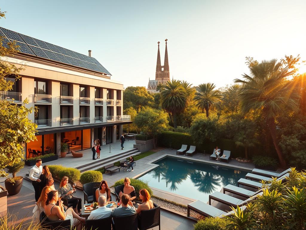 A sleek, modern hotel nestled amid lush, verdant gardens in the heart of Barcelona. The facade features clean lines, large windows, and solar panels on the rooftop, harnessing renewable energy. In the foreground, guests mingle on a terrace, sipping local wines and enjoying tapas made with organic, locally-sourced ingredients. The middle ground showcases a serene, shimmering pool surrounded by plush lounge chairs, while the background reveals the iconic spires of Sagrada Familia peeking through the trees. Warm, golden lighting casts a gentle glow, creating a tranquil, eco-conscious ambiance. The scene evokes a harmonious blend of luxury and sustainability, reflecting Barcelona's commitment to environmental stewardship.