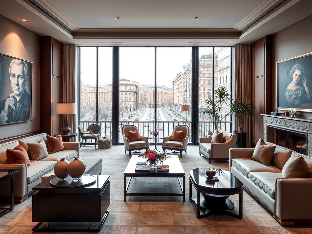 A sophisticated and luxurious interior of the Mandarin Oriental Barcelona. The foreground showcases a spacious and elegantly appointed living room, with plush sofas, polished wood furnishings, and tasteful artwork adorning the walls. The middle ground features a large window overlooking the Passeig de Gràcia, allowing natural light to flood the space and offering a glimpse of the bustling city outside. The background is dominated by a serene and calming palette, with neutral tones and soft, warm lighting creating an atmosphere of refined tranquility. The overall scene exudes a sense of understated opulence and Catalan sophistication, perfectly capturing the essence of the Mandarin Oriental Barcelona.