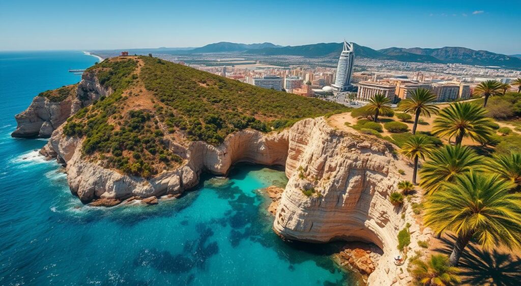 A stunning aerial view of Benidorm Island, Spain, bathed in warm Mediterranean sunlight. The crystal-clear turquoise waters gently lap against the island's rugged, sun-drenched cliffs. Lush, verdant palm trees sway in the gentle breeze, creating a serene, tropical atmosphere. In the distance, the iconic high-rise hotels and bustling streets of Benidorm's cityscape can be seen, creating a picturesque contrast between the natural and urban landscapes. The image is captured with a wide-angle lens, showcasing the island's captivating beauty and inviting visitors to explore its unique charm and vibrant atmosphere.