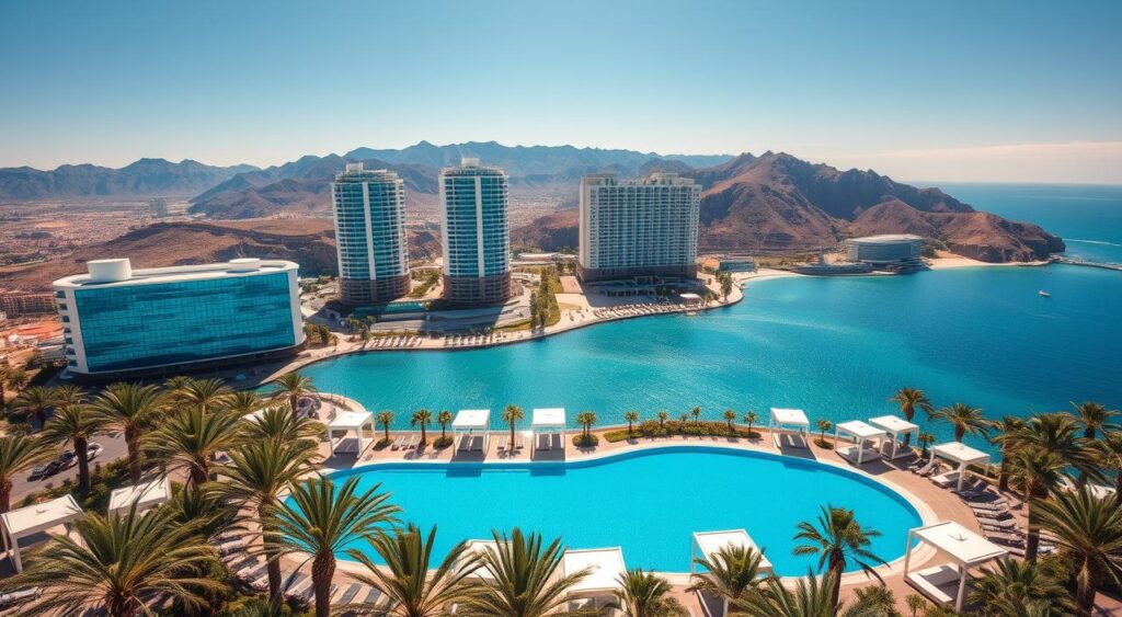 A stunning aerial view of Benidorm's skyline, showcasing the city's iconic high-rise luxury hotels. In the foreground, a pristine blue swimming pool surrounded by lush palm trees and modern, minimalist cabanas. The middle ground features the hotels' sleek, glass-fronted facades, reflecting the warm Mediterranean sun. In the background, the rugged mountains and sparkling azure waters of the Costa Blanca create a breathtaking backdrop. The scene is captured with a wide-angle lens, emphasizing the grand scale and opulence of Benidorm's premier accommodation options. The overall mood is one of tranquility, sophistication, and the promise of an unforgettable coastal getaway.