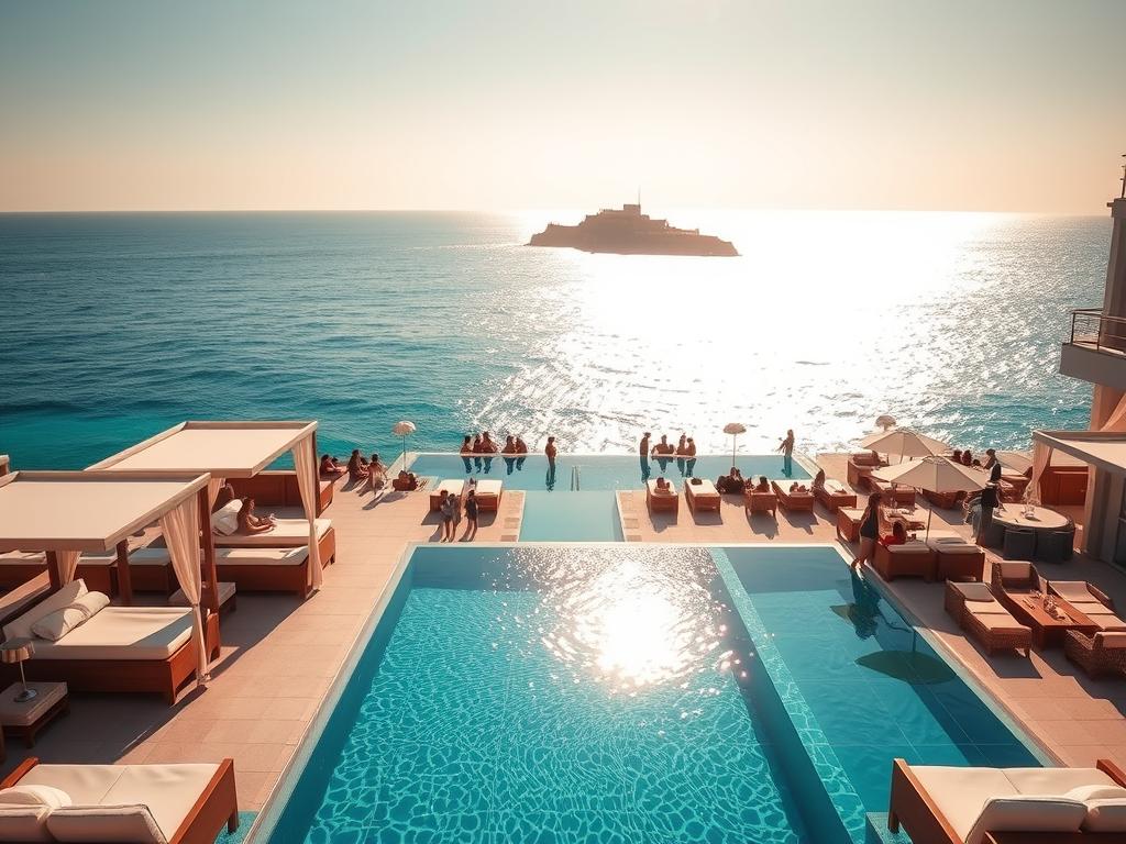 A stunning beachfront luxury club nestled along the azure waters of the Cádiz coast. In the foreground, sleek cabanas and plush daybeds beckon guests to bask in the Mediterranean sun. The middle ground features a glistening infinity pool surrounded by chic lounge furniture, where well-heeled patrons sip expertly crafted cocktails. Beyond, the backdrop showcases a panoramic view of the sparkling ocean, with the Sancti Petri castle silhouetted against the horizon. The scene is bathed in a warm, golden glow, creating an atmosphere of sophisticated elegance and effortless glamour.