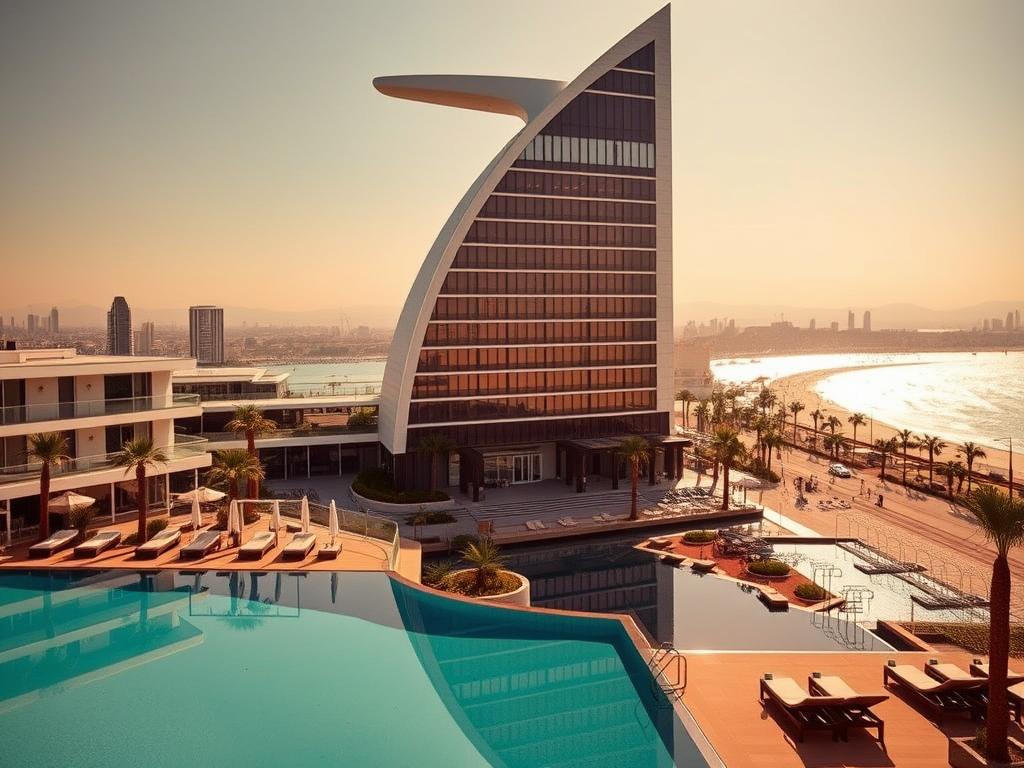 A stunning beachfront luxury resort, the W Barcelona rises majestically along the Catalonian coastline. The sleek, modern architecture with its distinctive curved silhouette glimmers under the warm Mediterranean sun, mirrored in the azure waters below. In the foreground, a tranquil pool area is surrounded by chic lounge furniture, inviting guests to relax and soak up the vibrant atmosphere. The middle ground showcases the hotel's iconic design, with floor-to-ceiling windows offering panoramic views of the sparkling beach and azure horizon. In the background, the city skyline provides a dramatic urban backdrop, creating a seamless fusion of coastal and metropolitan elements. Soft, diffused lighting casts a warm, elegant glow over the entire scene, evoking a sense of effortless luxury and sophistication.