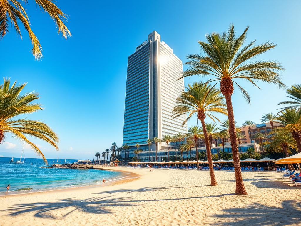 A stunning beachfront view of the iconic Hotel Arts Barcelona, standing tall against the azure waters of the Mediterranean. The elegant high-rise, with its shimmering glass and steel facade, casts a refined silhouette amidst swaying palm trees. In the foreground, a pristine sandy beach invites sun-seekers to bask in the warm glow of the Catalan sun, while the distant horizon is dotted with sailboats and yachts. The scene is bathed in a soft, golden light, creating a sense of luxury and tranquility. A wide-angle lens captures the grandeur of the hotel and its breathtaking setting, showcasing the epitome of beachfront opulence.