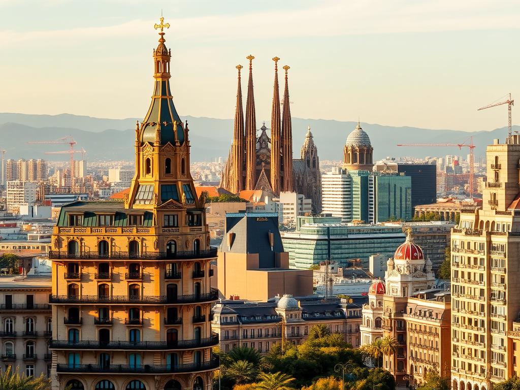 A stunning panoramic view of Barcelona's hotel landscape, showcasing a diverse array of architectural styles. In the foreground, a charming boutique hotel with a timeless, Gothic facade stands tall, its ornate details bathed in warm, golden lighting. In the middle ground, gleaming high-rise hotels with sleek, modern designs dot the cityscape, their mirrored facades reflecting the vibrant energy of the city. In the distance, the iconic silhouette of Gaudi's masterpiece, the Sagrada Familia, serves as a breathtaking backdrop, casting a majestic, awe-inspiring presence. The scene is infused with a sense of cosmopolitan allure, inviting travelers to explore the city's rich history and contemporary elegance.