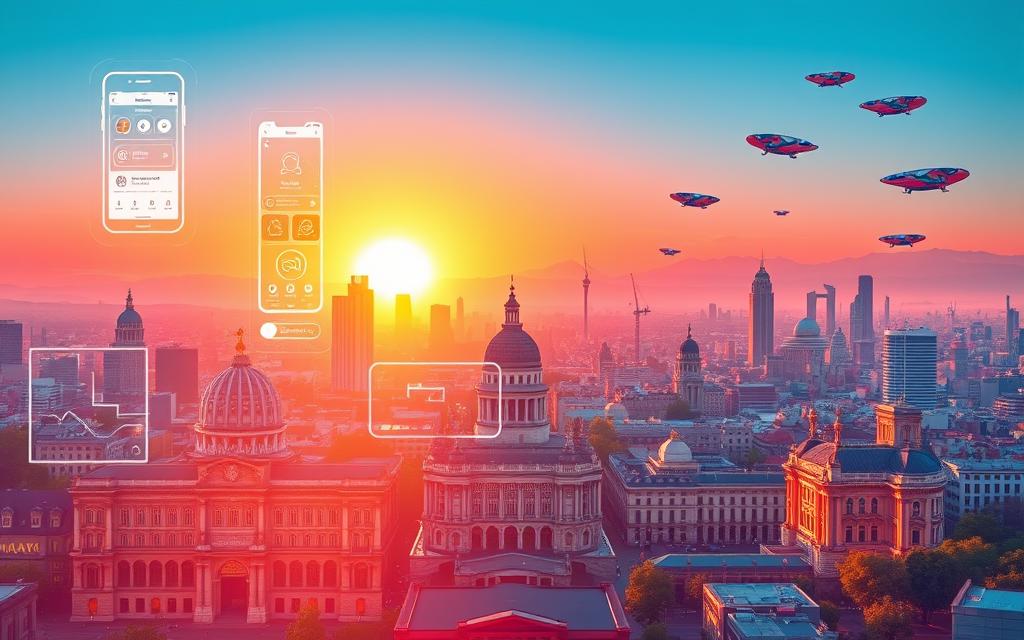 A stylized and futuristic cityscape of Madrid in 2025, showcasing a diverse array of travel apps floating above the skyline. In the foreground, sleek holographic interfaces display navigation, translation, and dining options. The midground features landmarks like the Palacio Real and Templo de Debod bathed in a warm, golden glow. In the background, skyscrapers and hovercrafts create a vision of an advanced, tech-driven metropolis. The scene is illuminated by a vibrant, neon-tinged sunset, casting long shadows and a sense of wonder. The overall mood is one of innovation, connectivity, and the future of travel in Spain.