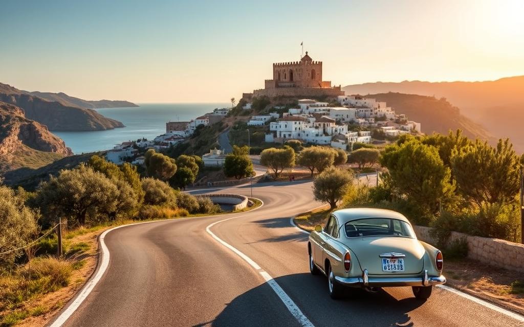 A sun-dappled coastal road winds through rolling hills, flanked by lush olive groves and azure Mediterranean vistas. In the distance, whitewashed villages perch atop rugged cliffs, beckoning travelers to explore their charming plazas and winding alleys. Ahead, a historic hilltop castle towers over the landscape, its weathered stone walls casting long shadows as the golden hour light bathes the scene in a warm, nostalgic glow. A vintage car, its chrome gleaming, navigates the serpentine route, capturing the spirit of adventure and discovery that awaits beyond the bounds of Los Boliches.