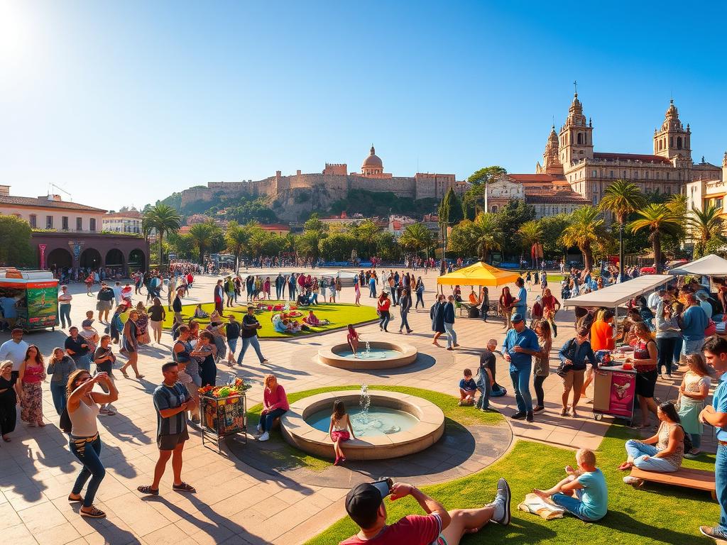 A sun-dappled plaza in Málaga, bustling with locals and tourists engaged in low-cost, lively activities. In the foreground, street performers captivate the crowd with energetic dance routines and lively music. Vendors sell fresh produce, handcrafted goods, and local delicacies from colorful stalls. In the middle ground, families picnic on the grass, children play in a small fountain, and people stroll leisurely, taking in the vibrant atmosphere. The background features the iconic architecture of Málaga, including the Alcazaba and the Cathedral, bathed in warm, golden light. An atmosphere of relaxation, community, and joie de vivre permeates the scene.