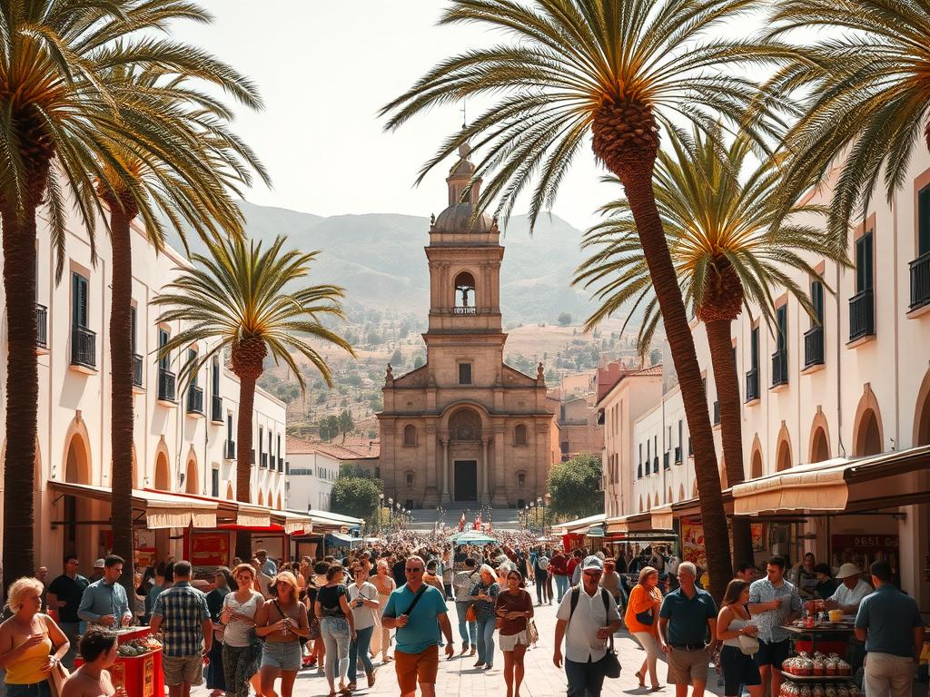 A sun-drenched Andalusian plaza, flanked by whitewashed buildings and shaded by rustling palm trees. In the foreground, locals and visitors mingle, sipping chilled gazpacho and browsing vibrant market stalls offering handcrafted ceramics, leather goods, and fragrant spices. In the middle ground, a grand Moorish-style cathedral rises, its ornate façade and towering bell tower a testament to the region's rich cultural heritage. In the background, rolling hills dotted with olive groves and vineyards stretch toward a hazy horizon, hinting at the verdant Andalusian countryside beyond. Warm, golden light filters through the scene, evoking the laid-back, celebratory atmosphere of a balmy Spanish summer.