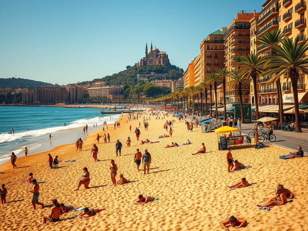 A sun-drenched Barcelona beach, its golden sands flanked by the iconic Catalan architecture, creating a captivating juxtaposition of natural and man-made splendor. In the foreground, people bask in the warmth, swimming, sunbathing, and engaging in lively conversations. The middle ground showcases the vibrant promenade, bustling with street performers, open-air cafes, and local vendors offering a tantalizing array of tapas and artisanal goods. In the background, the majestic silhouette of Montjuïc Hill rises, its lush greenery and historical landmarks hinting at the rich cultural heritage that permeates the city. Warm, golden lighting bathes the scene, evoking a sense of relaxation and joie de vivre that epitomizes the Barcelona experience.