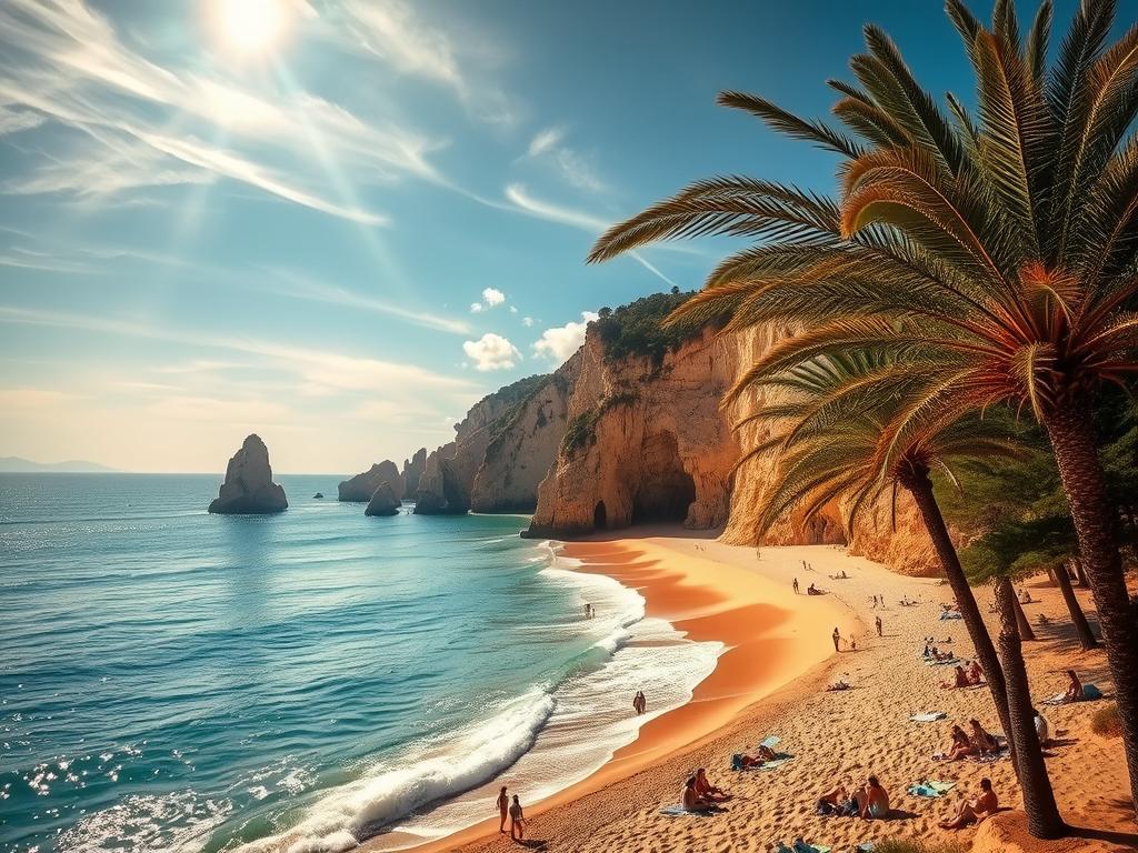 A sun-drenched Costa Brava beach, crystalline waves lapping against golden sands. Lush, verdant cliffs frame the scene, their rugged beauty contrasting with the tranquil, azure waters. Sunlight filters through wispy clouds, casting a warm, golden glow over the idyllic landscape. In the foreground, a group of beachgoers relax on colorful towels, soaking in the Mediterranean atmosphere. Elegant palm trees sway gently in the coastal breeze, completing the picture of a quintessential Spanish summer getaway. Capture the allure of this hidden gem, where nature and leisure seamlessly intertwine.