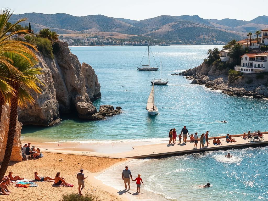 A sun-drenched Mallorcan cove, sheltered by rugged cliffs and swaying palm trees. In the foreground, families bask on the golden sand, children splashing joyfully in the azure waters. Farther out, sailboats glide across the sparkling Mediterranean, their white sails catching the warm coastal breeze. The middle ground features a quaint seafront promenade, lined with charming cafes and gelato shops, where parents and kids stroll hand-in-hand. In the distance, rolling hills dotted with whitewashed villas and olive groves create a picturesque backdrop, bathed in the soft, golden light of a perfect summer day.