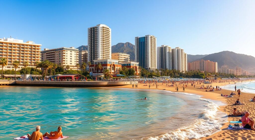 A sun-drenched beach in Benidorm, Spain, with crystal-clear turquoise waters lapping against golden sand. In the foreground, people relax on beach towels, enjoying the warmth of the Mediterranean sun. The middle ground features a bustling promenade lined with palm trees and beachfront cafes. In the background, the towering high-rise hotels and apartments of Benidorm's skyline provide a striking contrast to the natural beauty of the coastline. The scene is bathed in a warm, golden light, creating a serene and inviting atmosphere perfect for a relaxing day at the beach.