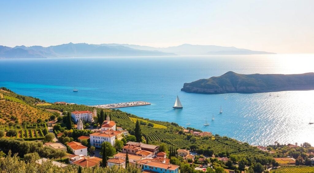 A sun-drenched coastal landscape along the renowned Costa Blanca region. In the foreground, a picturesque Mediterranean village nestled between rolling hills, its whitewashed buildings and terra-cotta roofs basking in the warm glow of the afternoon sun. Lush, verdant olive groves and vineyards adorn the middle ground, leading the eye towards the shimmering azure waters of the Balearic Sea, where sailboats and fishing vessels gently sway. In the distance, the silhouettes of rugged, snow-capped mountains pierce the horizon, creating a stunning backdrop to this idyllic scene. Capture the essence of a perfect day trip from Benidorm, exploring the rich cultural heritage and natural beauty of the captivating Costa Blanca.