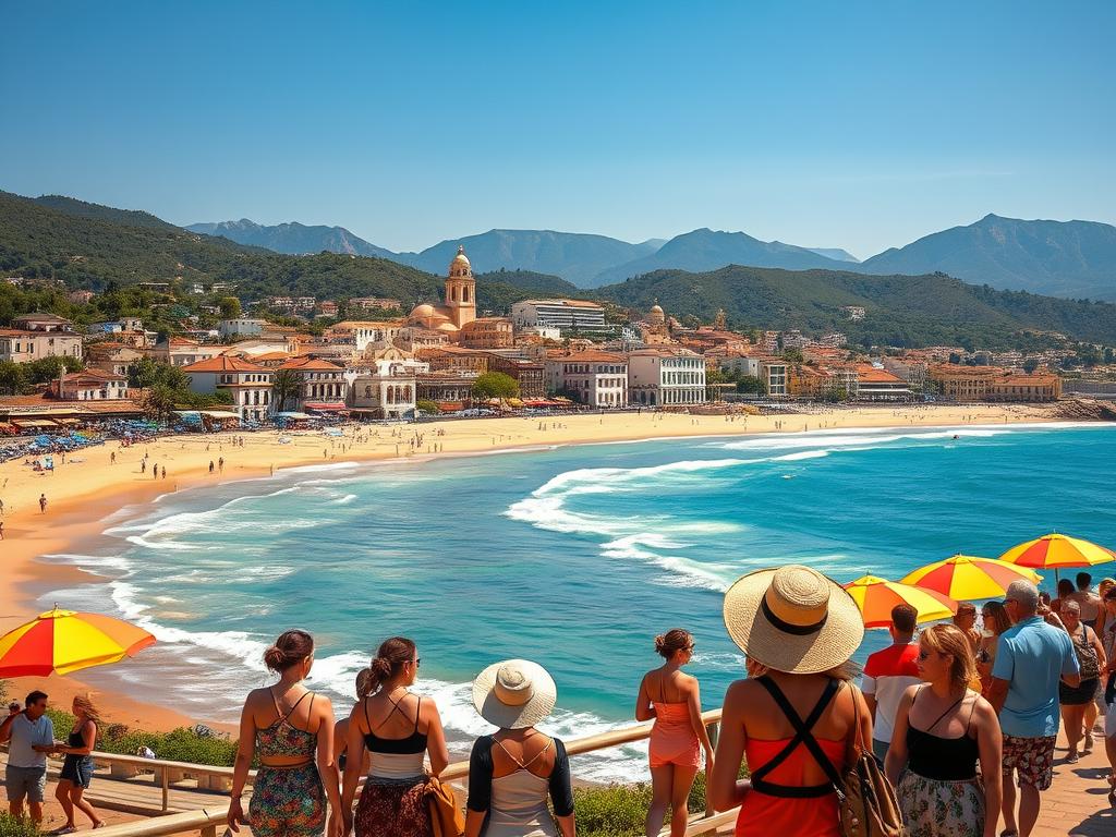 A sun-drenched coastline with azure waters lapping at golden sandy beaches, surrounded by verdant hills and charming Spanish villages. In the foreground, a group of carefree travelers exploring the picturesque seaside promenade, with colorful umbrellas, sun hats, and vibrant local attire. The middle ground features stunning landmarks like historic churches, whitewashed buildings, and bustling outdoor cafes. In the distance, the silhouettes of majestic mountains frame the scene, creating a breathtaking panorama. Warm, soft lighting bathes the entire composition, conveying a sense of relaxation and joie de vivre. Captured with a wide-angle lens to encompass the full scope of this enchanting Spanish summer adventure.