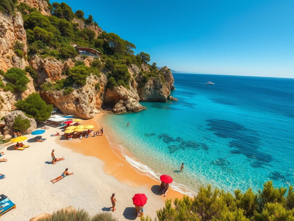A sun-drenched paradise of crystalline azure waters lapping against pristine golden sand beaches. Picturesque coves framed by rugged limestone cliffs, lush pine forests cascading down to the shore. Sunbathers lounging on plush towels, families splashing in the gentle surf. Vibrant umbrellas and beachside cafes dotting the landscape, capturing the laid-back Mediterranean charm. Captured through a wide-angle lens to showcase the breathtaking scale and beauty of Mallorca's best beaches, perfect for the first-time visitor seeking an idyllic island escape.