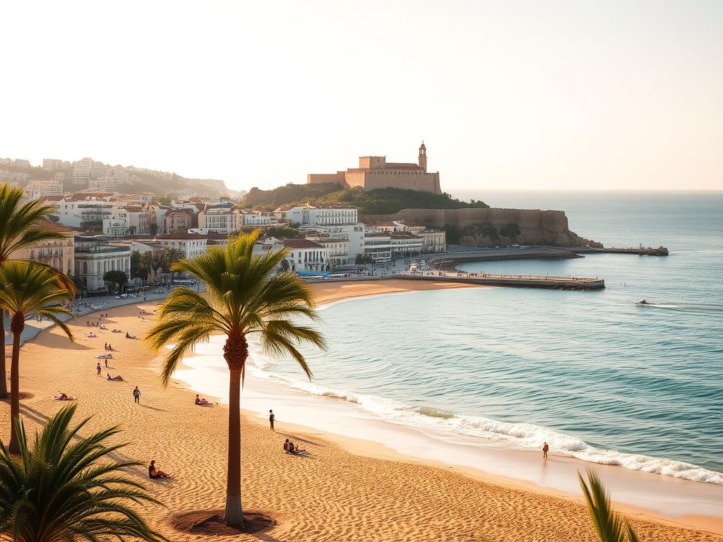 A sun-kissed coastline in Málaga, Spain. In the foreground, people lounge on golden sandy beaches, their silhouettes framed by swaying palm trees. The crystalline waters of the Mediterranean gently lap at the shore, reflecting the warm hues of the sky. In the middle ground, picturesque seaside promenades and whitewashed buildings create a charming, pedestrian-friendly atmosphere. The background features the majestic Alcazaba fortress, its historic stone walls contrasting with the azure horizon. Soft, diffused lighting illuminates the scene, evoking a sense of tranquility and relaxation. A wide-angle lens captures the expansive coastal vista, inviting the viewer to immerse themselves in the quintessential Málaga experience.